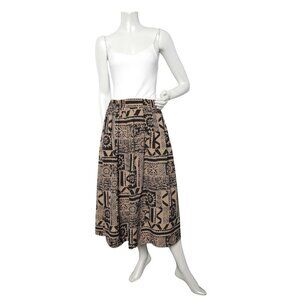 Vintage Principles Midi Tribal Print Skirt Brown Black Retro Stretch Waist 80s